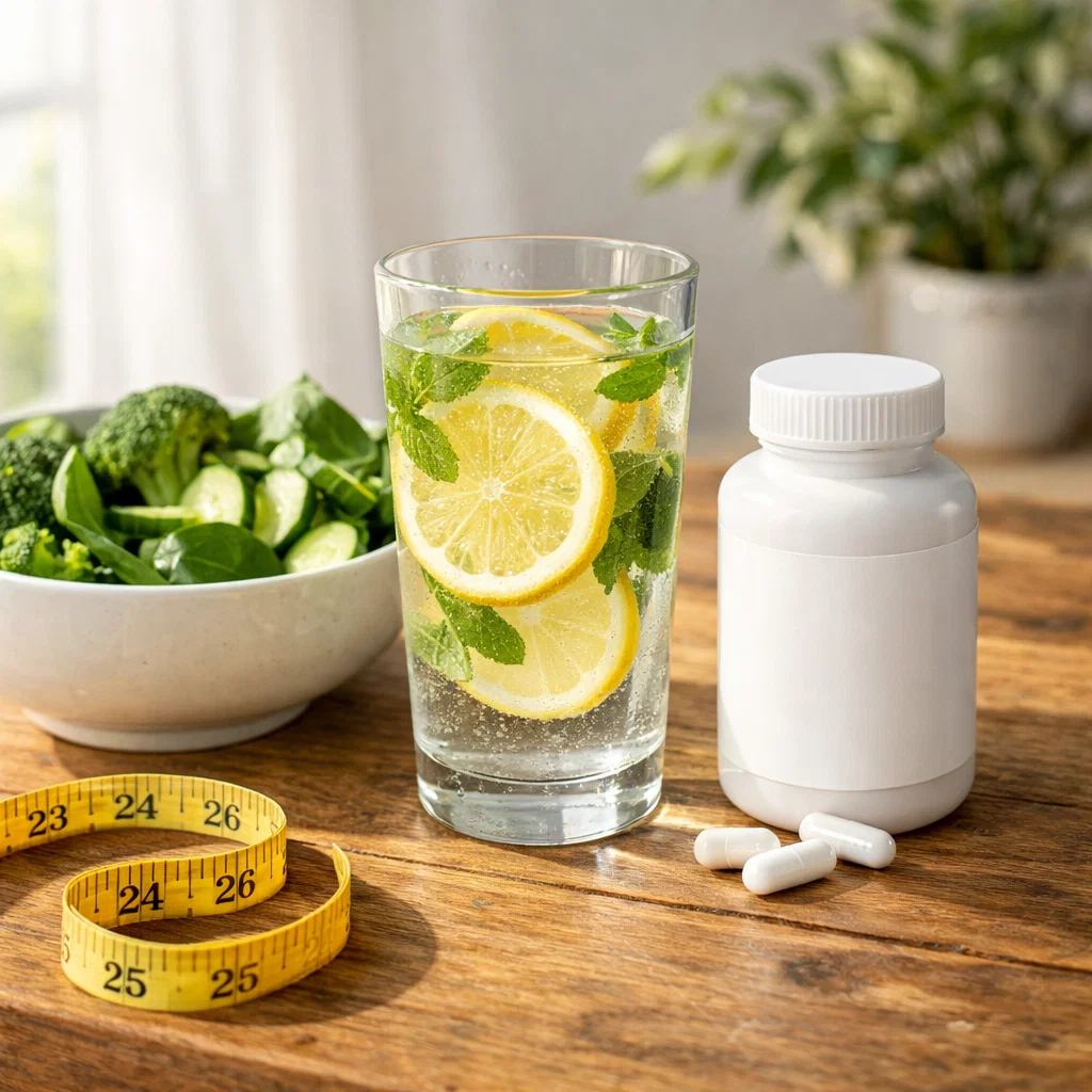 Immagine: Integratori dimagranti, verdure fresche e metro da sarta. Rappresentazione di un approccio sano ed equilibrato per la gestione del peso.