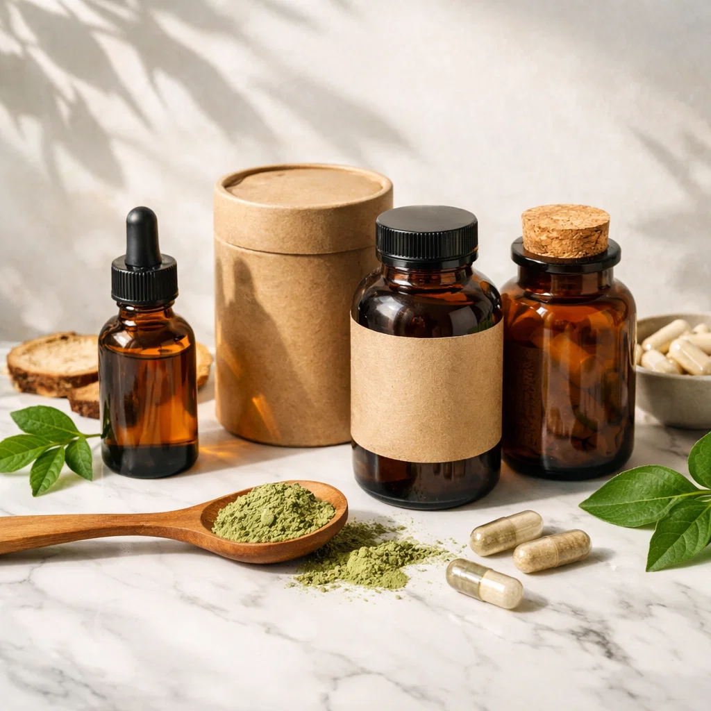 Immagine: Integratori alimentari (capsule, flaconi) con ingredienti naturali. Illustrazione della varietà di nutrienti e supporti per la salute.