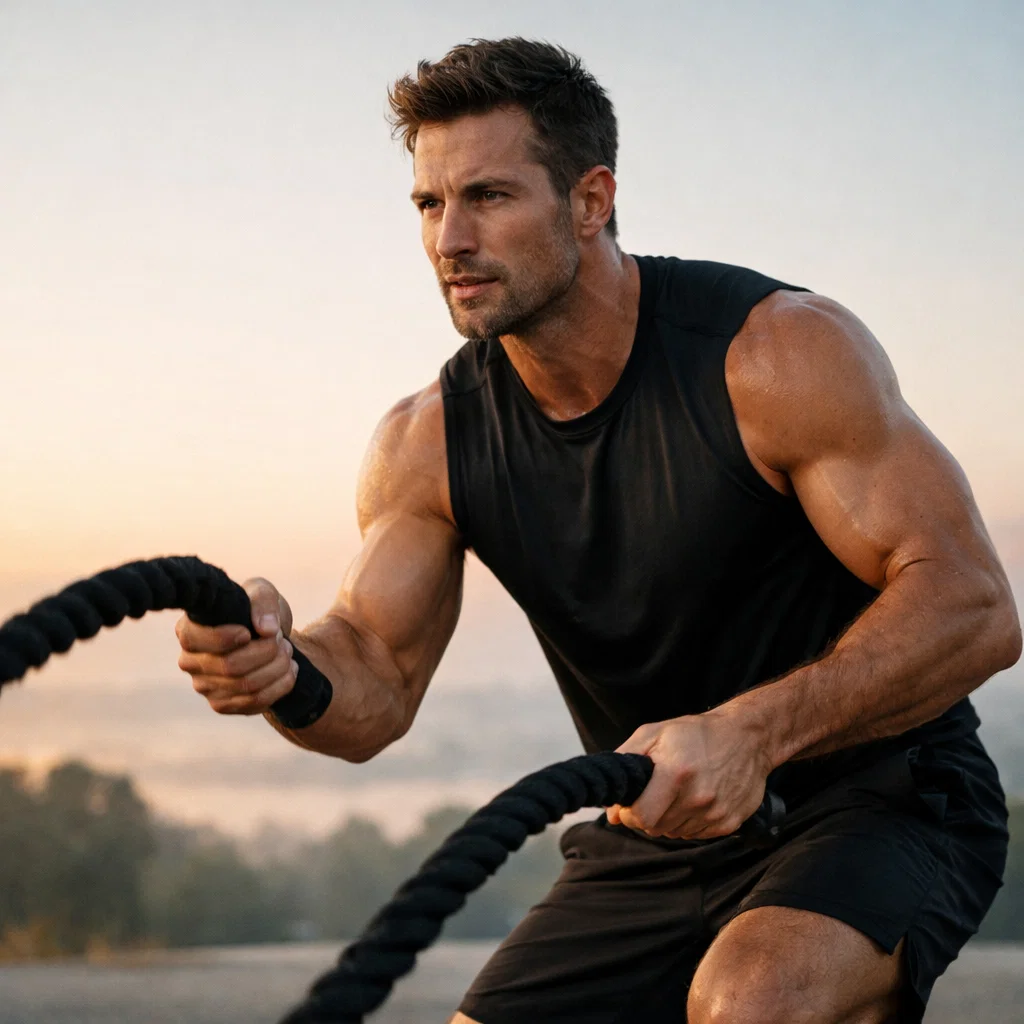 Immagine: Attrezzatura sportiva (manubri, scarpe) e integratori (proteine, creatina). Rappresenta il supporto alla performance e all'energia atletica.